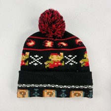 Nintendo Super Mario Bros 8-Bit Pixel Art Knit Pom Beanie Black Red Hat 2018