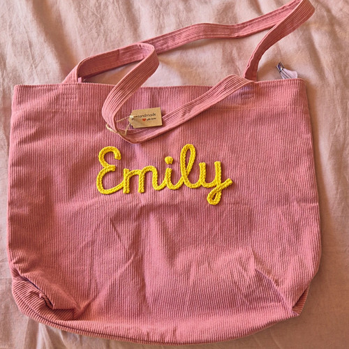 Pink Corduroy Tote Bag Zip Closure Embroidered "Emily" Inner Pockets
