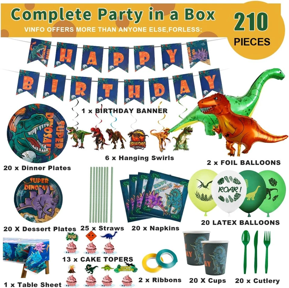 Kit de suministros de fiesta de cumpleaños de dinosaurios para niños, decoraciones de fiesta de dinosaurios-20 Gue Foto 2 de 4