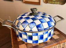 MacKenzie Childs Blue & White Royal Check Casserole Dish w/ Lid Handles 3 QT