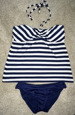 Mossimo Tankini Set Swimsuit Size Medium Blue White Striped Top And Blue Bottom