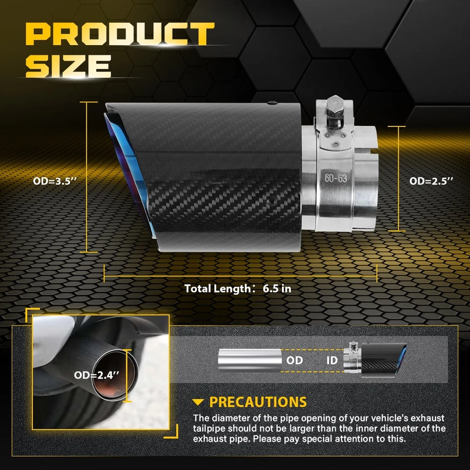 2.5″ID-3.5″OD Carbon Fiber Universal Tailpipe Exhaust Tip 304 Stainless Steel 2X - Image 3 of 4