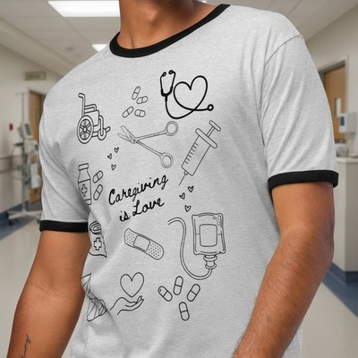 Caregiving is Love Doodles Unisex Ringer T-shirt, Caregiver Appreciation Gift