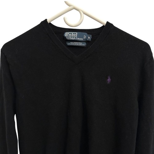 Polo Ralph Lauren Sweater Medium Boys 100% Merino Wool Black V-Neck Pullover - Picture 2 of 9