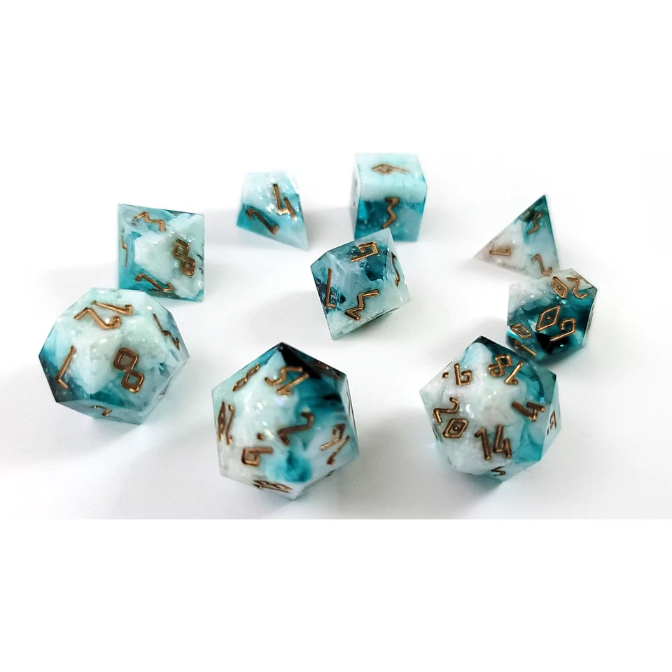 Handmade Resin Art 9-Piece Blue, White, Gold Dice Set for RPG Dungeons & Dragons - Image 3 of 4