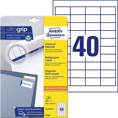 AVERY Zweckform 6126 Universal Etiketten m. ultragrip 48,5 x 25,4mm, A4, 10 Bl.