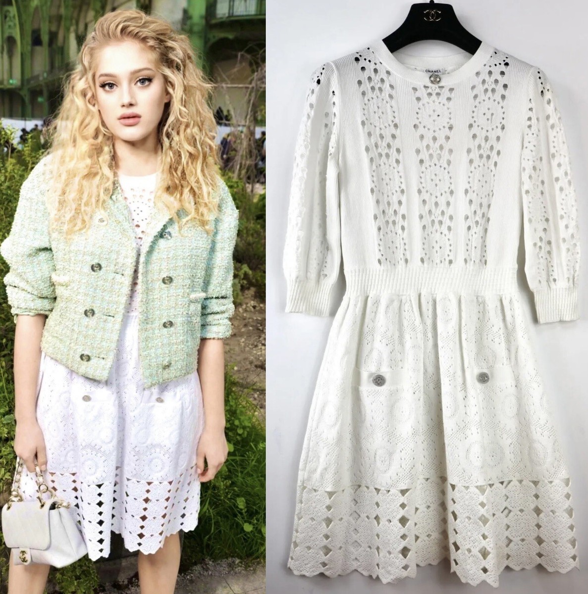 8K New Chanel 2020 White Lace Crochet Dress 34 36 2 4 6