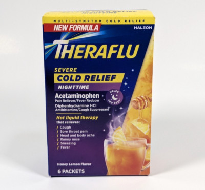 TheraFlu Multi-Symptom Cold Relief Nighttime Honey Lemon 6 Packets Exp 10/26