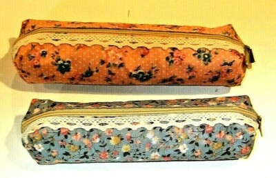 Lot of Two Cotton Pink & Blue Floral with Lace Zippered Pencil Cases -NEW (A)