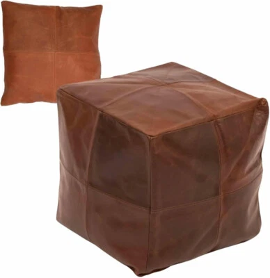 Marocain Handmade Cuir Boho Pouf Repose-Pieds Foncé Fauve Sans Housse Oreiller - Photo 1/4