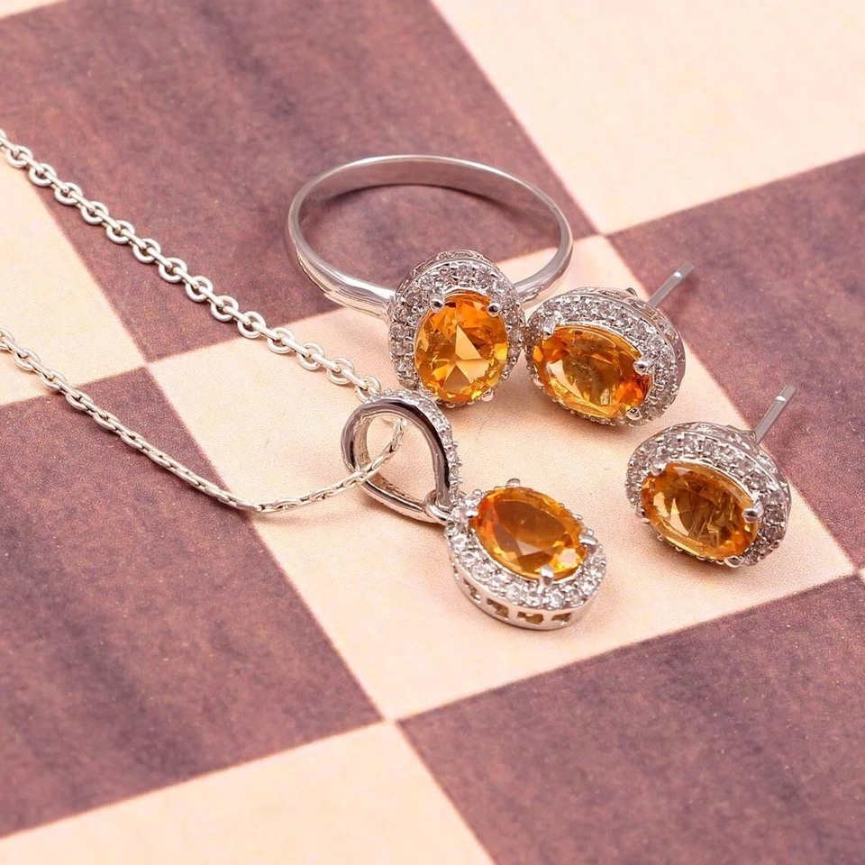 Naturale Giallo Citrino Gemma 925 Argento Sterling Gioielli Di Fidanzamento Gift - Immagine 2 di 4