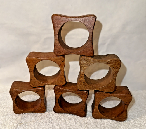 Teak napkin rings holders wooden set of 6 mid century modern vintage 1970s - Picture 10 of 11