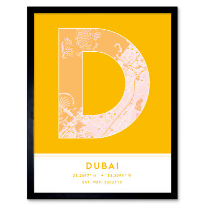 Dubai Vereinigte Arabische Emirate Stadtplan Typografie gerahmter Wandkunstdruck 12 x 16 Zoll
