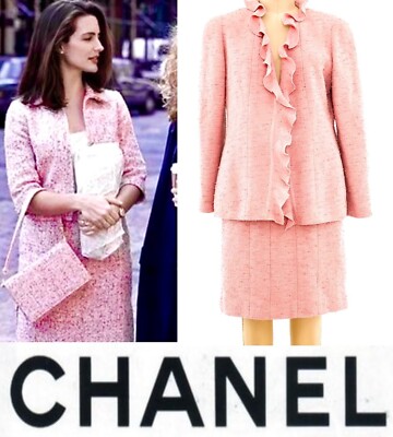 希少レアCHANEL Pre-Owned 1999 シングルコート Chanel Vintage 1999 Pink Tweed Ruffle Jacket Skirt 2p Set 38 40 6