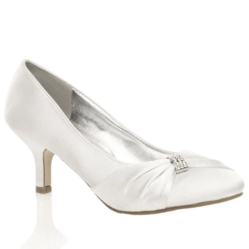 Ladies Womens Satin Low Mid Kitten Heels Wedding Bridal Party Sandal Court Shoes
