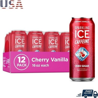 Cherry Vanilla Sparkling Caffeinated Water Zero Sugar Antioxidants 12 Cans 16oz