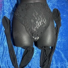 Vintage Hanes Lace Brief Pantyhose High Cut Sheer Black Nylon Stockings Size C-D