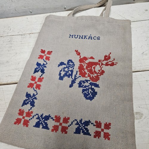 MUNKACS Handmade Linen Tote Bag Cross Stitch Floral Embroidery Ukraine Folk Art