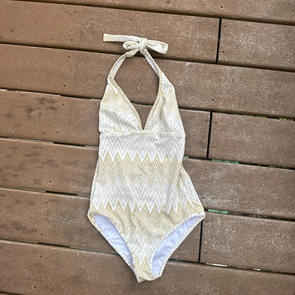 Traje de baño para mujer Shoshanna Tide cuello alto texturizado halter de una pieza talla 2 dorado Foto 2 de 4
