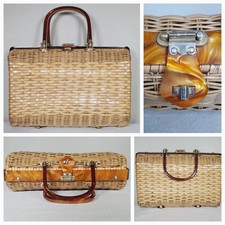 VTG 1960s Tropic Miami Florida Straw Wicker Woven Purse Handbag Lucite Handles