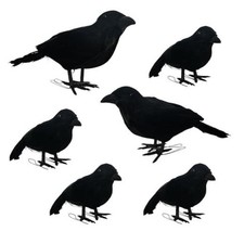 6 Pack Halloween Black Feathered Crows, 5.7" 8.7" Realistic Feathered Black