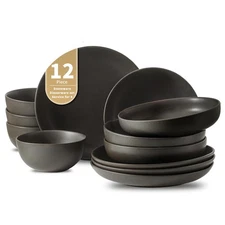 Dinnerware Sets, Stoneware Plates and Bowls Sets, Farmhouse 12 Piece Dish Set...