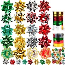 50 PCS Christmas Bows and Gift Ribbons w/ 48 Self Adhesive Gift Bows and 2 Roll.