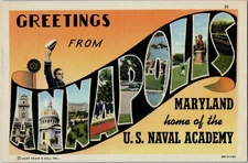 Vintage Postcard 1940 Greetings from Annapolis, MD Home of the US Naval Academy