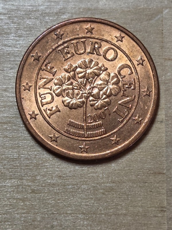 Austria 5-euro cents coin, 2007. KM# 3084, copper-plated steel. Mountain Cowslip