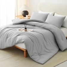 CozyLux Light Grey Comforter Set 3 Pieces Light Gray Solid Breathable Quilt Full