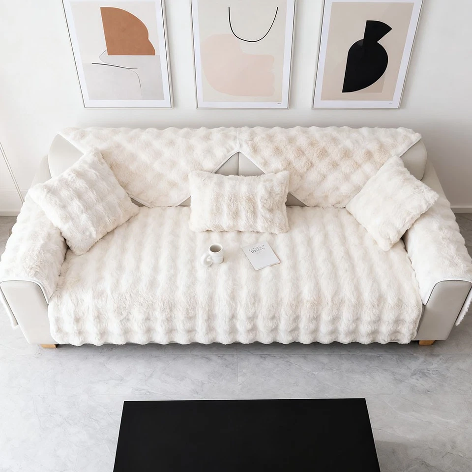 Thick Faux Rabbit Fur Knitted Sofa Cover, Soft and Warm Couch Cover for Winter  - Image 4 of 4