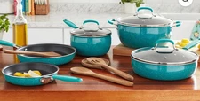 The Pioneer Woman Frontier Speckle 12-Piece Aluminum Cookware Set – Teal