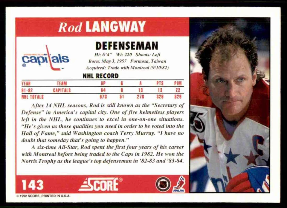 1992-93 Score Rod Langway #143 - Image 2 of 2