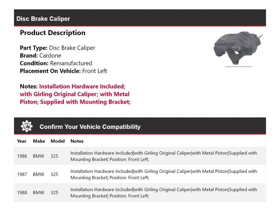 Pinça de freio a disco dianteira esquerda Cardone 1987 para 1986-1988 BMW 325 - Imagem 2 de 4