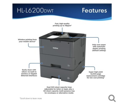Brother Mono Laser Printer Package HL-L6200dwt, 2 Paper Trays, Duplex, Net Work