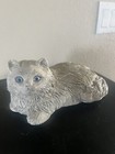 Vintage 1981 Signed Sandra Brue Sandicast Longhair Cat Sculpture Blue Glass Eyes