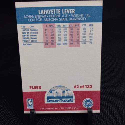 Lafayette Lever 1987 Fleer #62 NBA Basketball Card Denver Nuggets (1A53) - Picture 2 of 3
