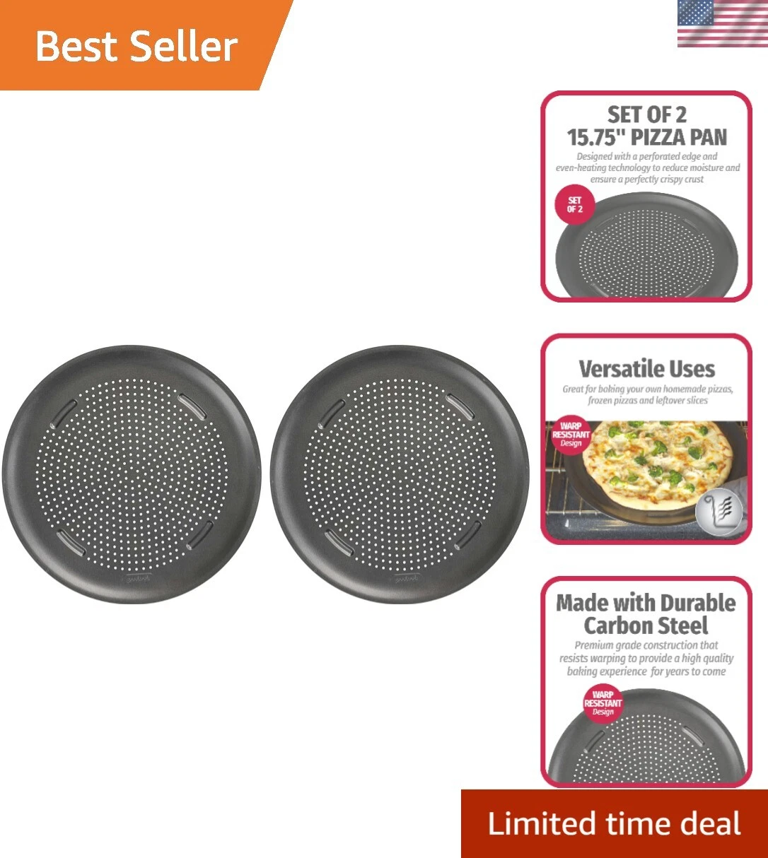 AirPerfect Nonstick 16” Pizza Pan - Set of 2 - Pizza Trays for Oven, Perforat...