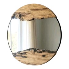 Espejo redondo de madera de olivo, pedido personalizado espejo de pared de madera con borde vivo, marco de madera