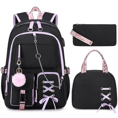 Backpacks for Girls, Girls Backpack 3pcs Backpack Set Black With Purple Zipper