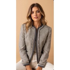 DKNY Women  s Tweed Frayed Metallic Beaded Blazer Jacket in Beige Gray-Size 4