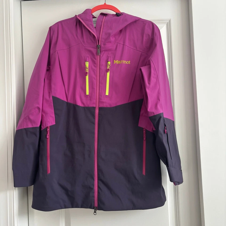 Chaqueta de lluvia Marmot para mujer sublime púrpura orquídea/sombra nocturna talla M usada en excelente estado esquí - Imagen 2 de 4