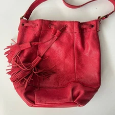 Lucky Brand Boho Red Leather Harper Bucket Bag Crossbody Purse Hobo Drawstring