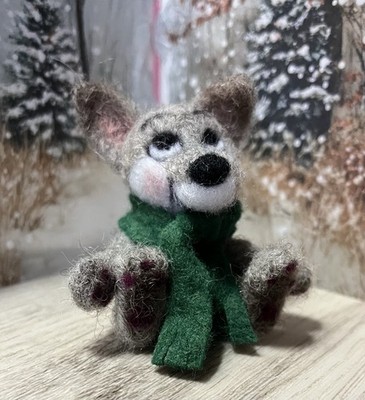 Needle Felted Gray Fox With Green Scarf