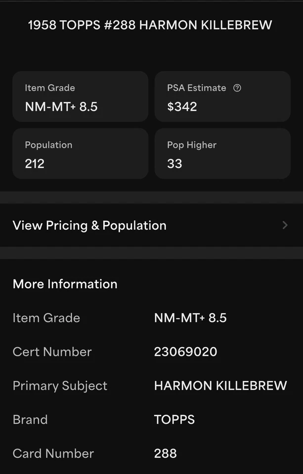 1958 Topps #288 Harmon Killebrew PSA 8.5 NM-NM+ Minnesota Twins HOF Beautiful! - Image 2 of 2