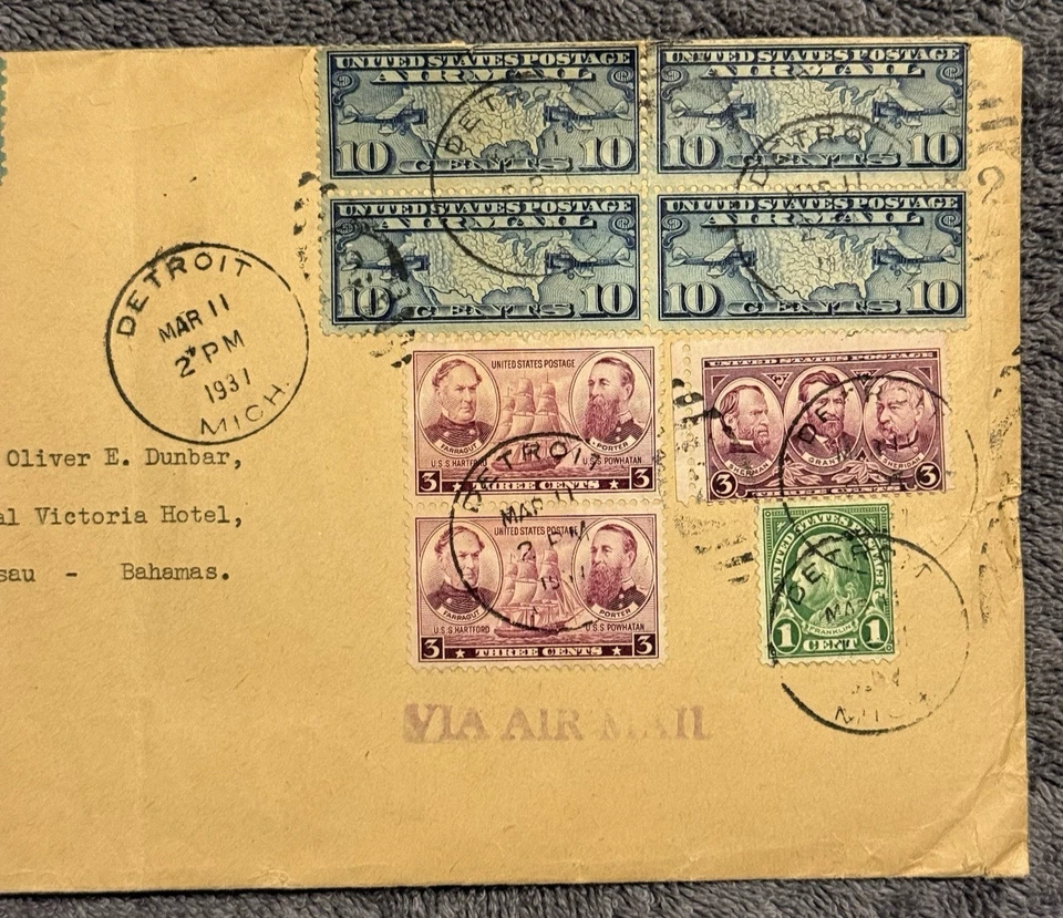 1931 Detroit to Nassau Bahamas Airmail Cover Letter Damaged Resealed - Image 2 of 4