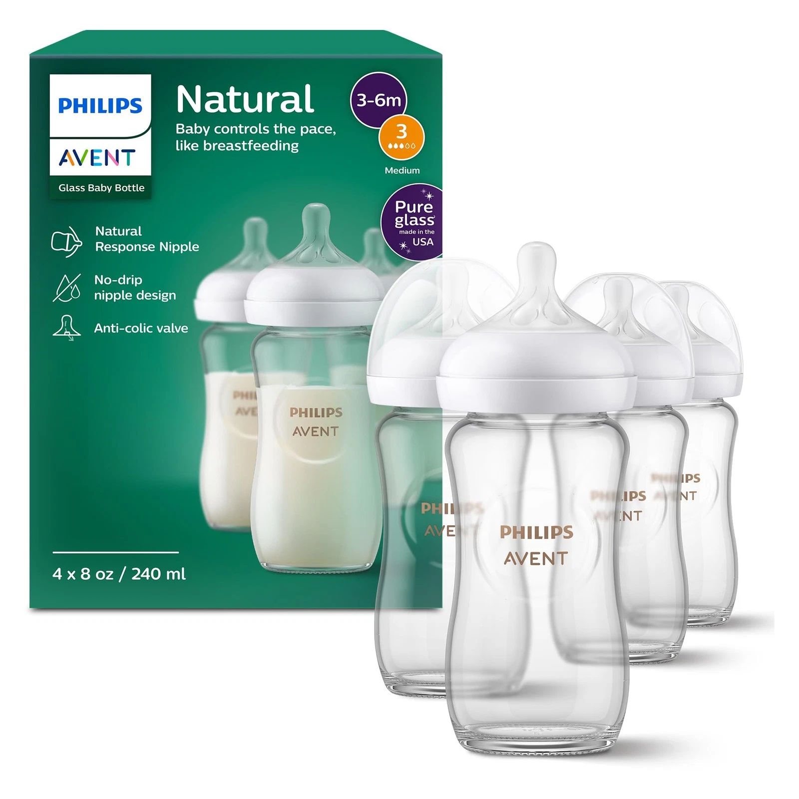 Philips Avent Natural Glass Baby Bottles 8 Ounce Pack of 4 with Anti Colic Ni...