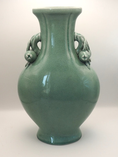 Vintage Chinese Celadon Crackle Glaze Tall Vase Fruit Handles 14" Jade Green