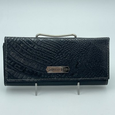 AMERICAN BISON Wallet Womens Black Leather Croc Embossed Trifold 8x4 India