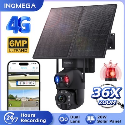 4G Wireless Security Camera Two Lens 360 2K Solar Panel 24/7 Recording 36X Zoom